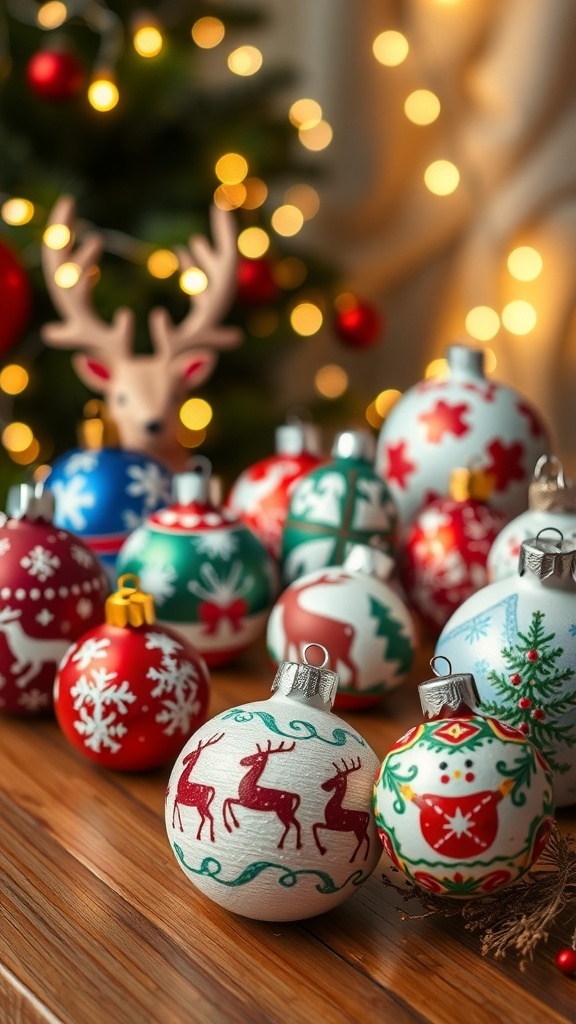 A variety of DIY painted Christmas ornaments with different designs on a wooden table, surrounded by fairy lights.